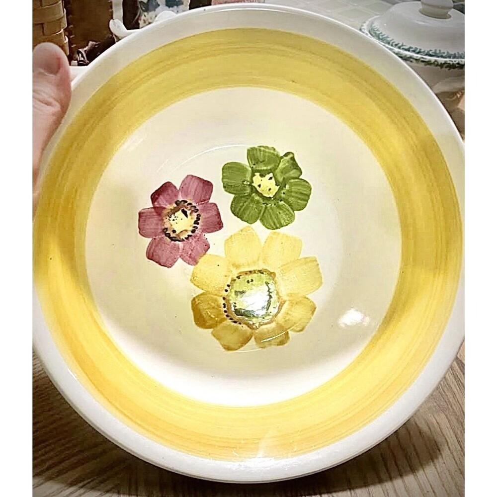 Vintage Ironstone Japan Hand Painted Floral 9” Serving Bowl Yellow Mid Century